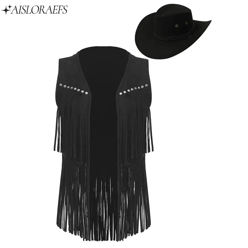 Dámska faux vesta Oblek Western Cowboy Cowgirl Cosplay kostým módne semišové stropné rivetlá fringe vesty s kovbojským klobúkom