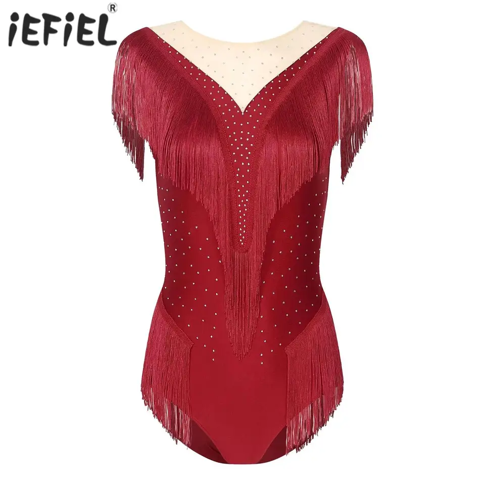 Dámska gymnatika balet Tance Dance Costy Sheer Mesh Tassel bez rukávov bez rukávov iskrivý kamienok.