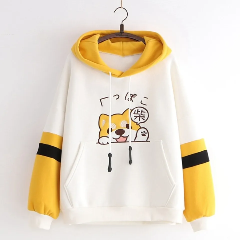 Dámska kawaii Trendy mikina s dlhým rukávom Blok Color japonského štýlu psie pupky tlač pulvóz hrúbka nadmerná mikina