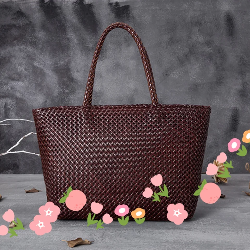 Dámska kožená kabelka Romantické veľké ručne vyrábané tkané totes Žena Cowhide Big Holiday Bucket Bag Causal Beach Ramery Candbag