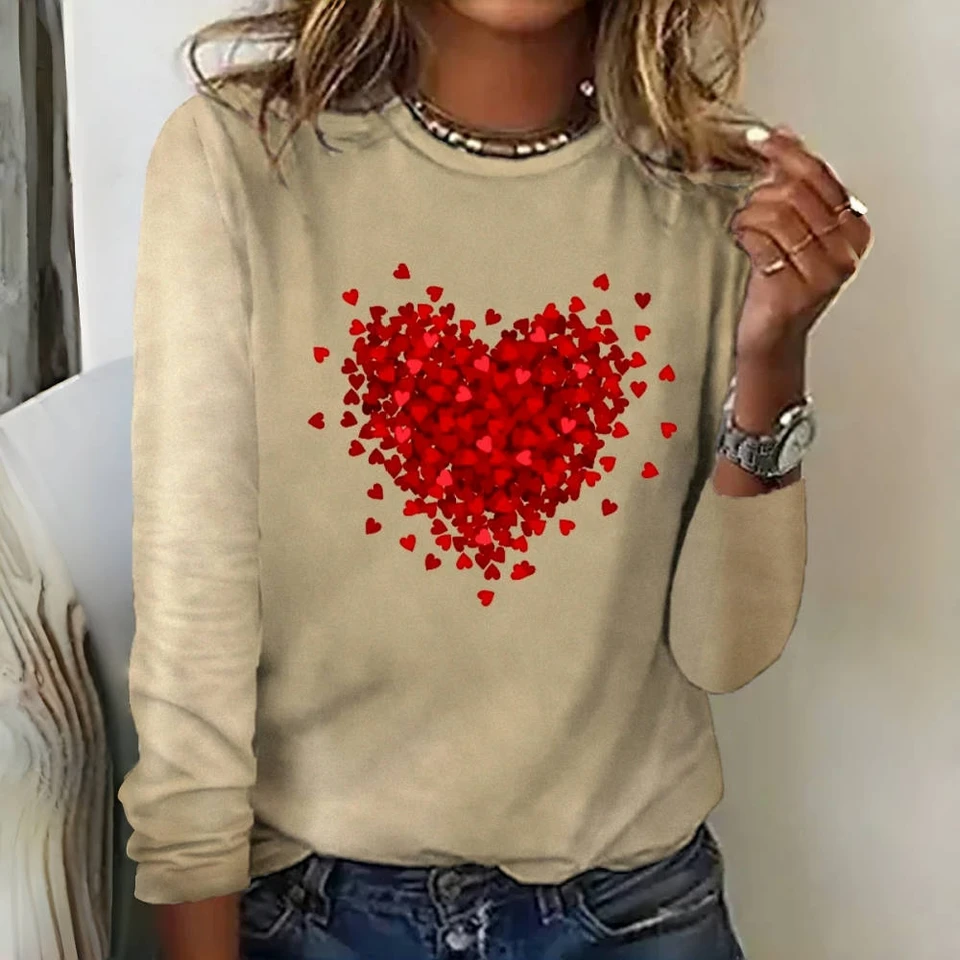 Dámska láska Tlač s dlhým rukávom Tričko Príležitostné každodenné oblečenie móda voľný pullover y2K Streetwear Simple Dámske tričko Crew Neck Tričko