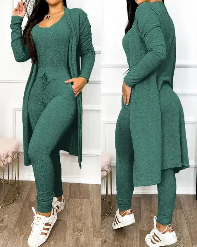 Dámska móda 2203 Jeseň Dvojdielny U-Neck Bez rukávov Rukávky vreckový vreckový dizajn Sucsuit Set a Set Set s kabátmi s dlhým rukávom