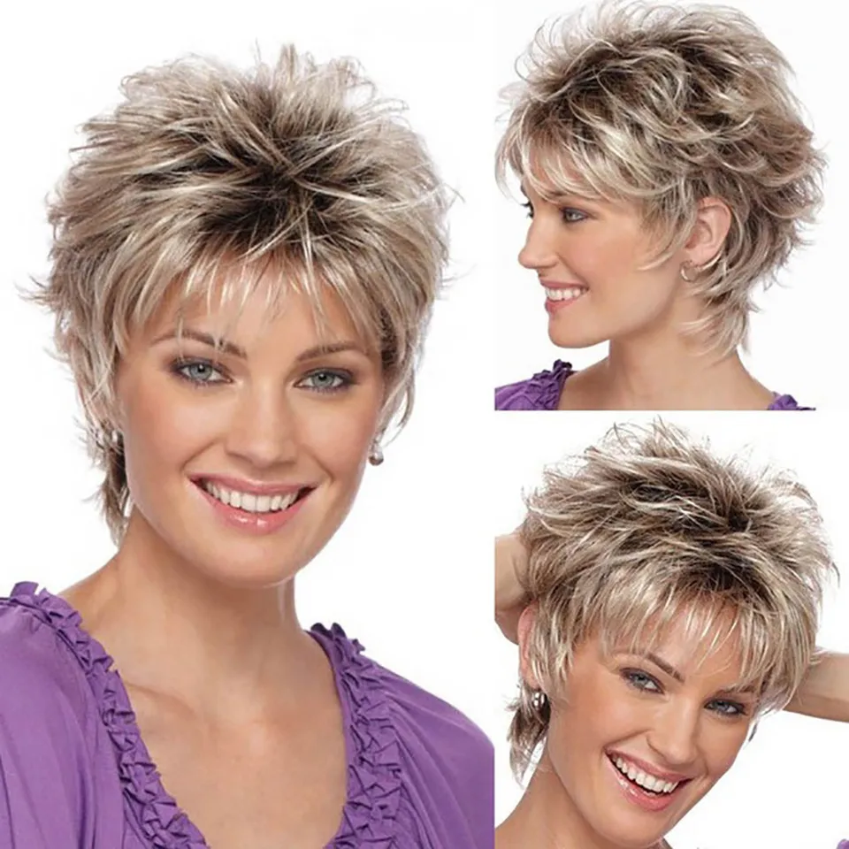 Dámska móda Krátke syntetické parochne Pixie Cut Blonde Ombre Hair Costy Party Party pre ženy Fluffy Prírodná kučeravá vlna Wig parochňa