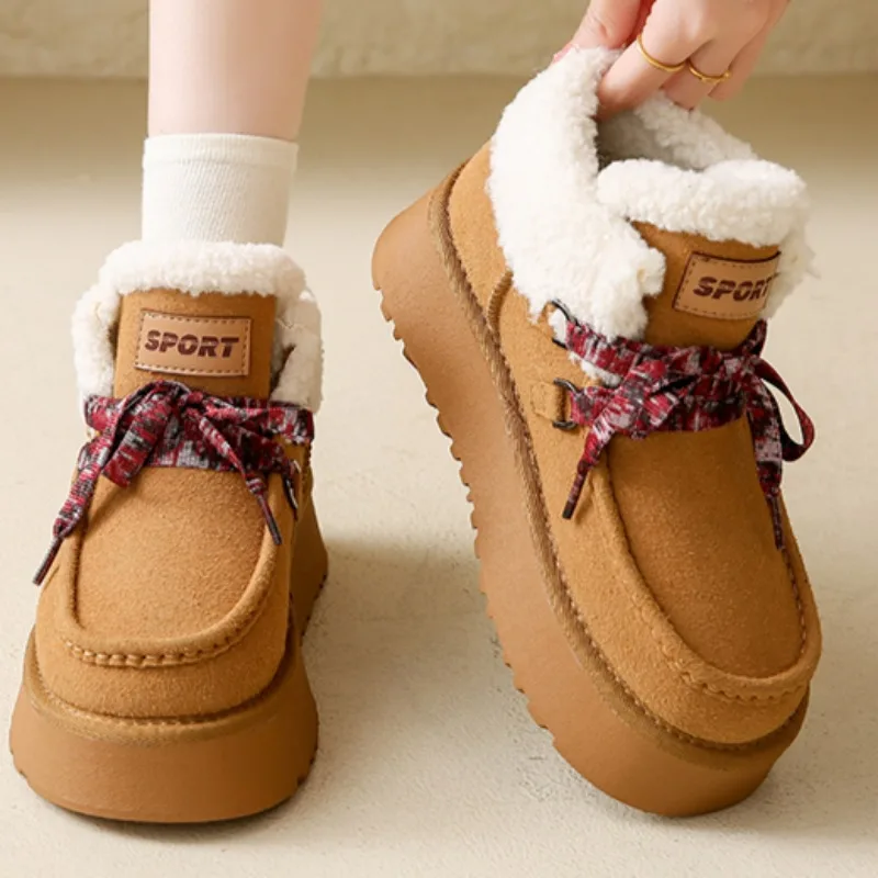 Dámska módna platforma Snehové topánky Zimné nové okrúhle hlavné semišové predné popruhy Anti-Slip Wear-rezistentné krátke topánky