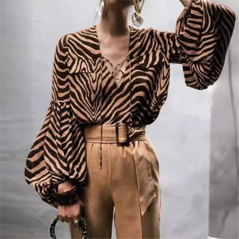 Dámska módna tlače Zebra tlač a blúzky sexy hlboké v krku šnurovanie jesenné voľné kancelárske oblečenie lucerny rukávy ležérne vrcholy