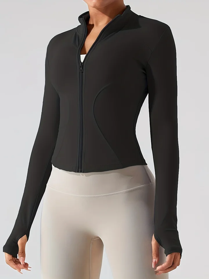 Dámska plná zipsová joga športová bežecká bunda, Slim Fit Lightweight Training Track Workout Bundy s palcovými otvormi