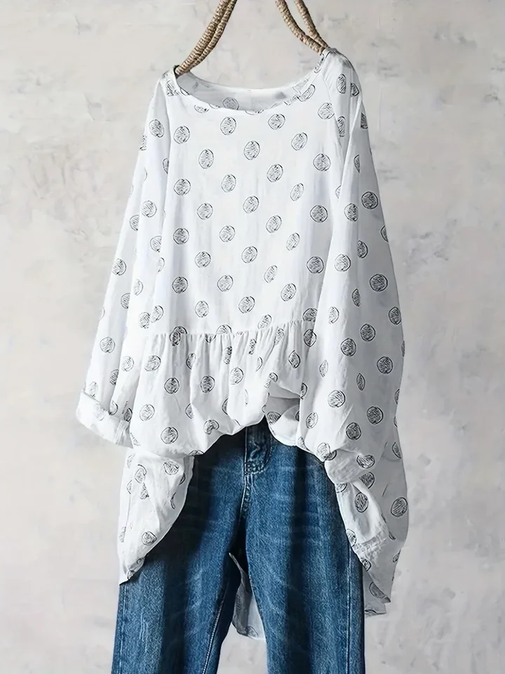 Dámska plus veľkosť 1xl-5xl okrúhly krk Cast Polka Dot Printed Top pre jar a letnú módu s dlhým rukávom tričko s dlhým rukávom