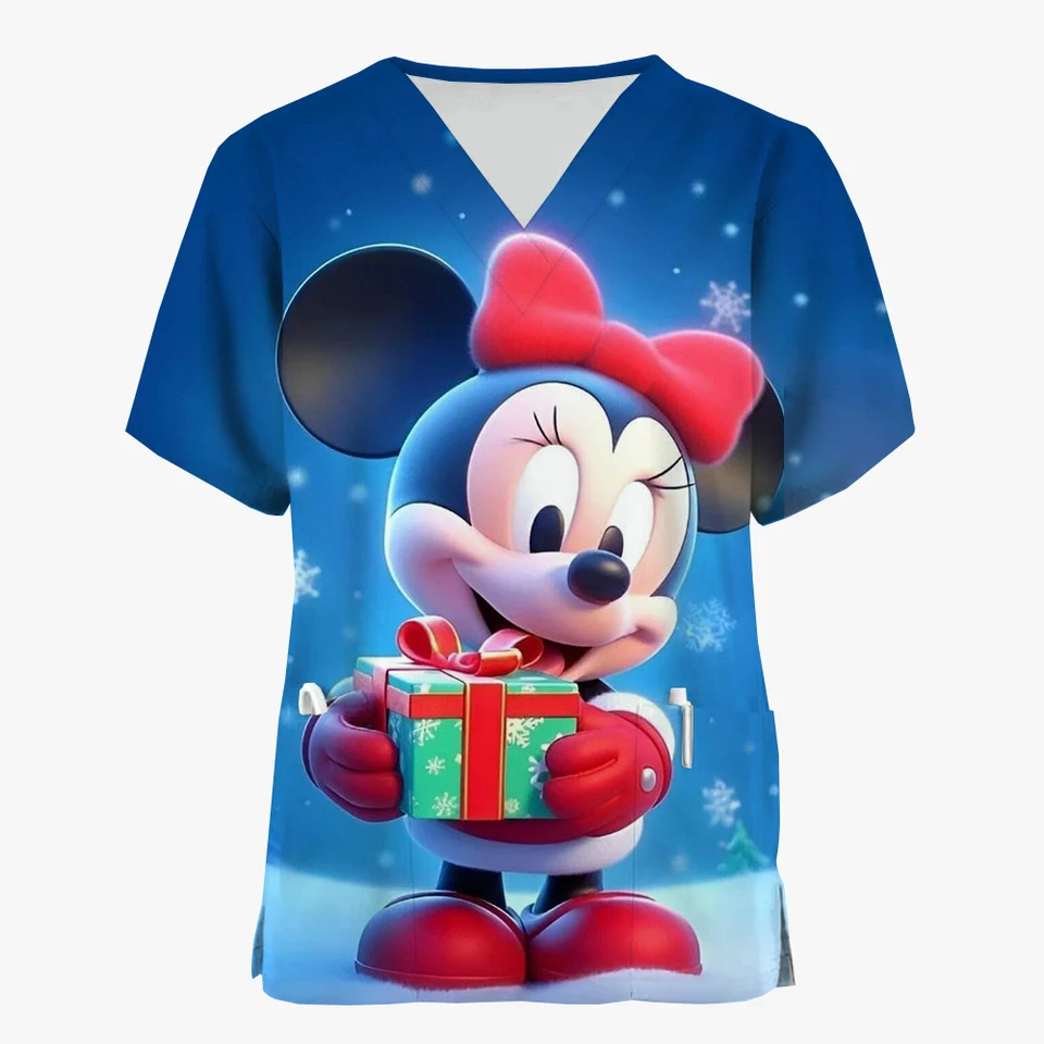 Dámska práca Uniforma Disney Mickey Mouse Print Ošetrovateľstvo Suck Stručne rukávy V-krk Top dámska veselé vianočné košele práce sestra do práce