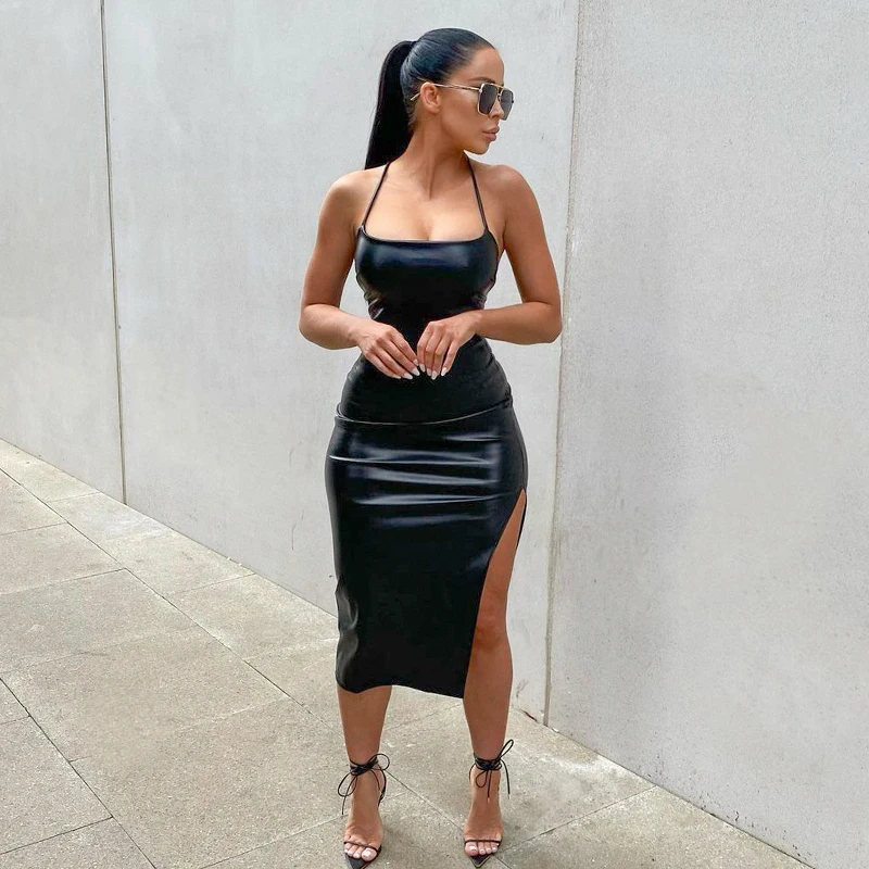 Dámska sexy večierok Nočný klub Suspender Stredne dlhé šaty móda masívne farebné kožené obväzy backless Skinny Split Dress