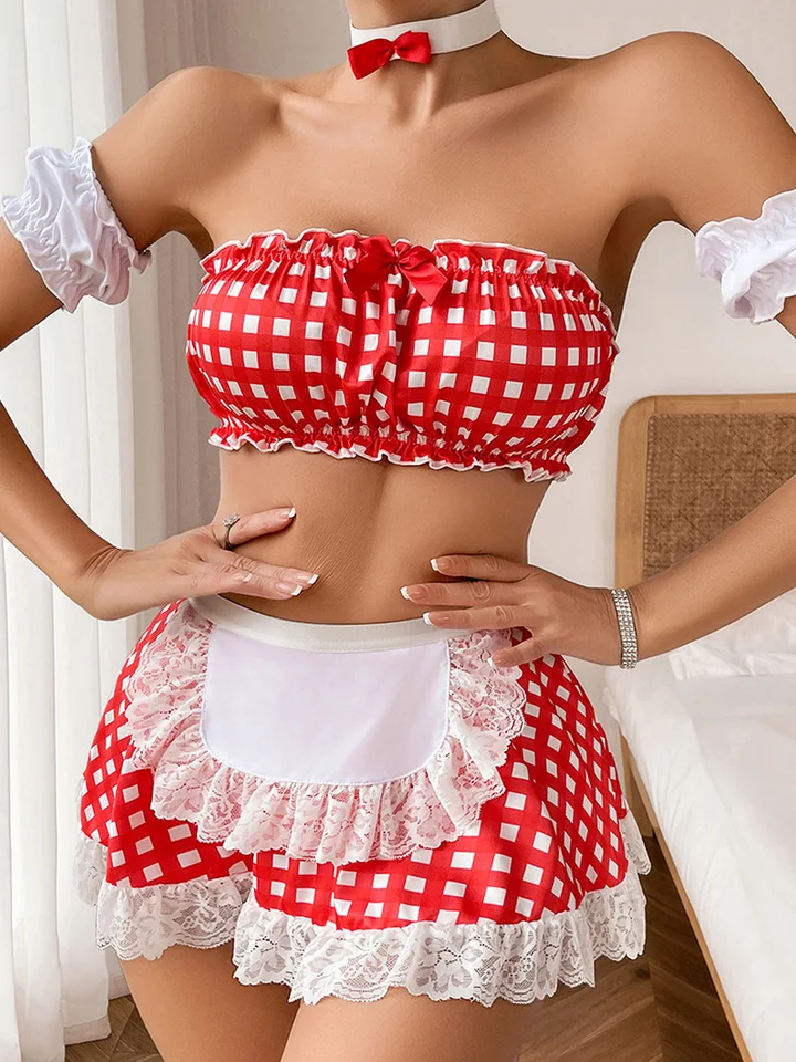 Dámska sexy čipka 2-farebná kockovaná študentská jednotná sexuálna oblek spodná bielizeň Sada šachovník top+tangá+sukňa+pyžama pyžama