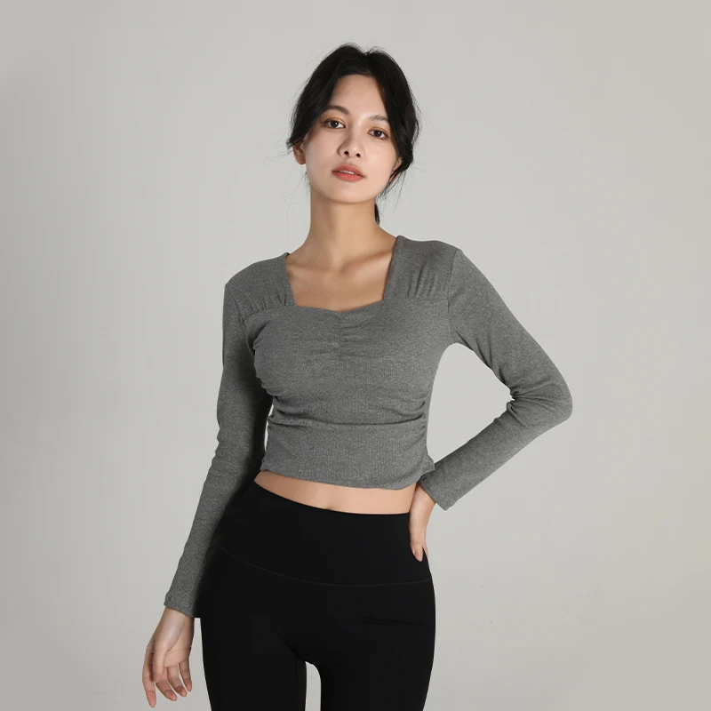 Dámska V-krk na jogu tričko skladané bavlnené tričko Slim Fit Fitness Pilates Top jogy blúzka