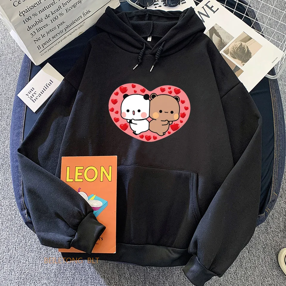 Dámske a pánske grafické mikiny panda medveď Bubu Dudu Heart Print Hoodie s dlhým rukávom Classic Simple s dlhým rukávom