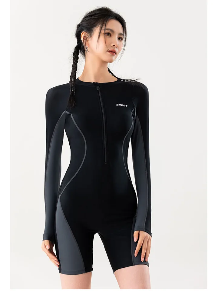 Dámske Boyleg One Piece Rashguard s dlhým rukávom plavky farebný blok surfovanie surfovanie oblek rýchle suché nekolesové atletické plavky