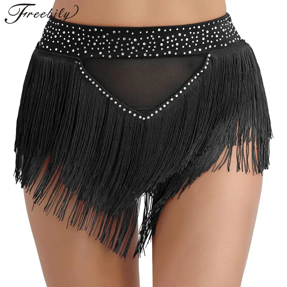 Dámske brušné tanečné latinské tanec Samba Cha-cha kostým lesklý kamienok. Tassel High Waist Blights Shorts Dancewear