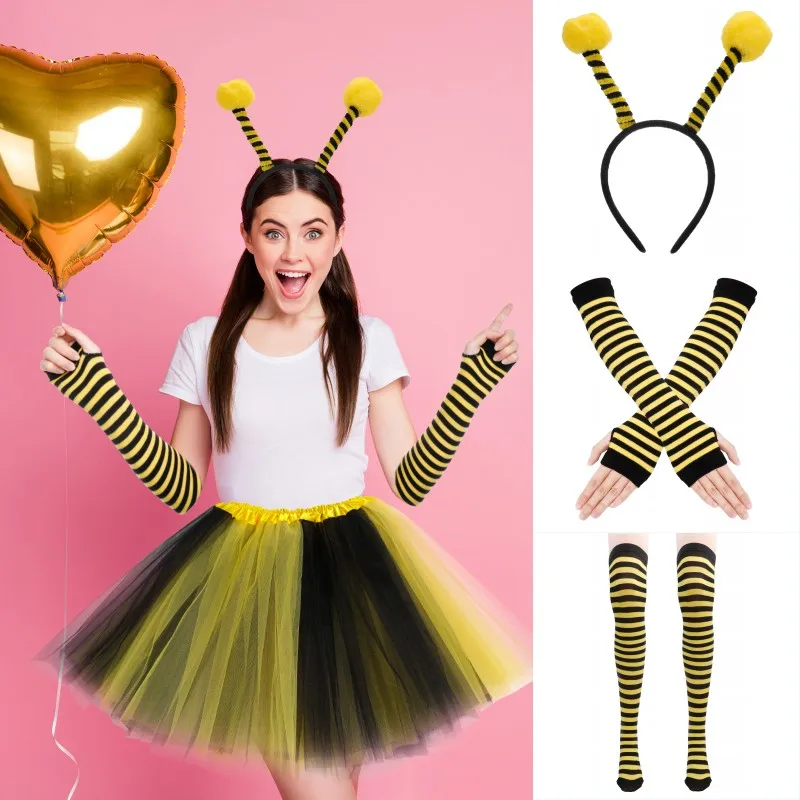Dámske deti žlté medové včelie súpravy antény čelenka tutu sukňa pruhované koleno pančuchy rukavice pre cosplay tanečné etapa 4ks