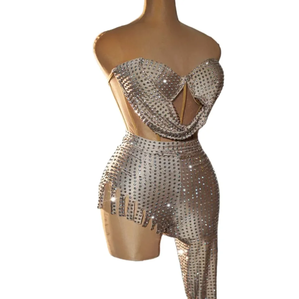 Dámske diamanty backless top+Pants 2-PC Set Evening Party Nightclub Stránky Dizajnér Designer Performance Oslávte kostým Qigai