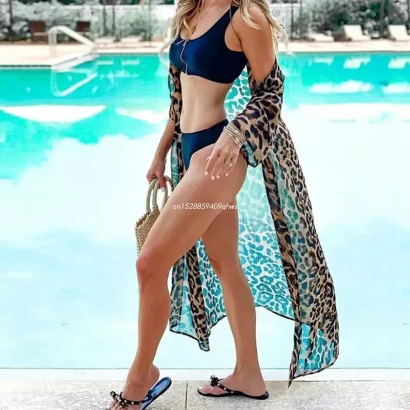 Dámske dlhé bikiny pokrývky plážové šaty leto sexy rúcho plážové oblečenie Leopard-the-the-the Topwear Top Swimwear Cover-Ups obliekanie