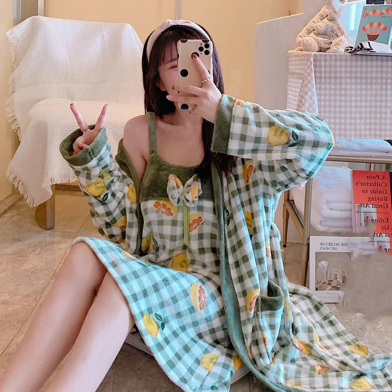 Dámske domáce oblečenie Vytlačte si nočné dresky s dlhým rukávom kimono zimné flanel husté nočné košele župan župan nočné šaty