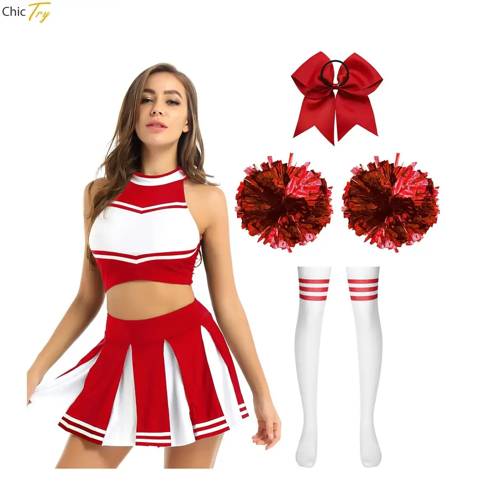 Dámske dospelé dámske roztlieskavačky Uniformné bez rukávov Plodina Top Mini skladaná sukňa pruhované pančuchy vlasové pásmo +2ks kvetinové gule oblečenie