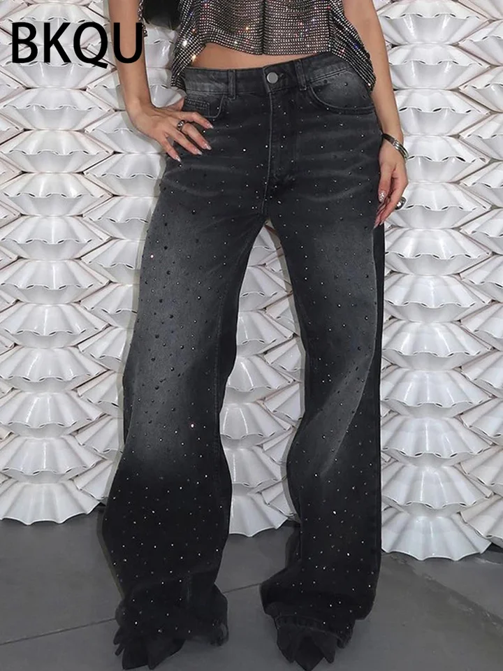 Dámske džínsy s nízkym pásom Dámske džínsy American Black Shinestone Baggy Denim Dlhé nohavice Ženské nadmerné nohavice v štýle BF