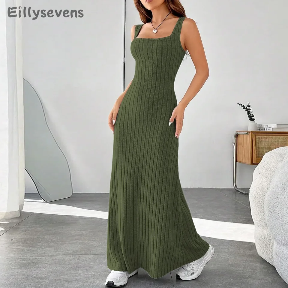 Dámske elegantné pletené dlhé šaty Príležitostné plážové šaty Sundress Ball Square Tank Tank šaty Vestidos Verano Moda 2024