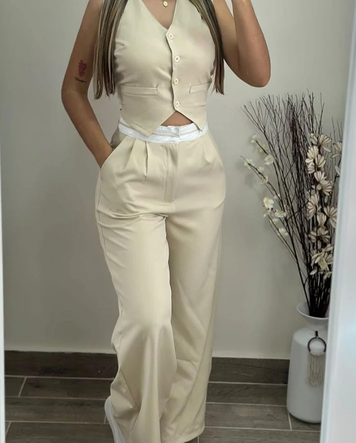 Dámske elegantné Vysoky Ves Ves Vest Top & Pocket Design Pants Set 2024 Summer ženská móda Vysoký pás Príležitostné nohavice