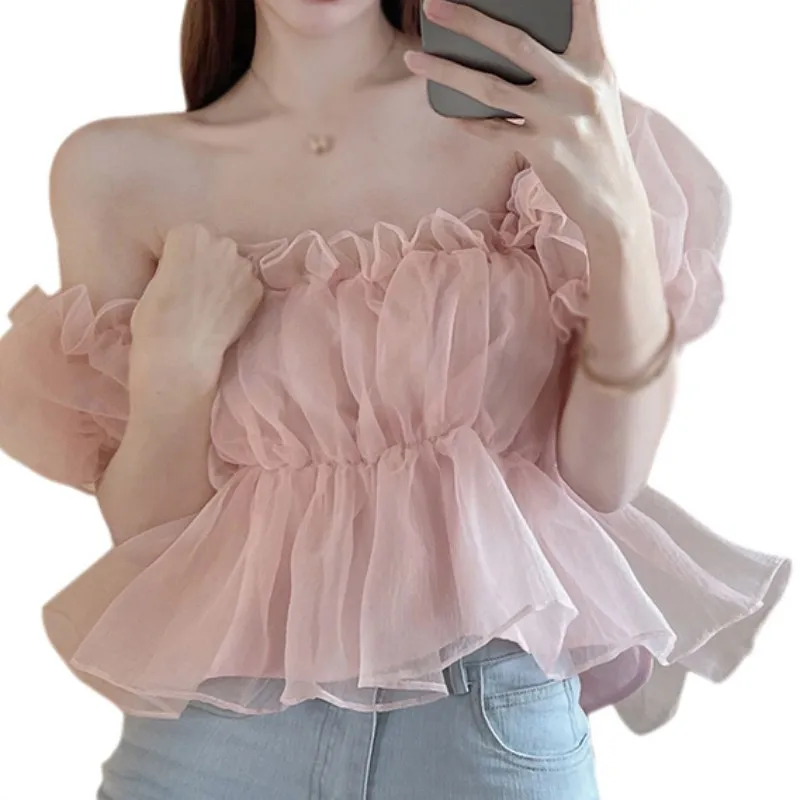 Dámske elegantné z ramena Puff Hort rukáv blúzka Summer šifón Slim Fit Party Top