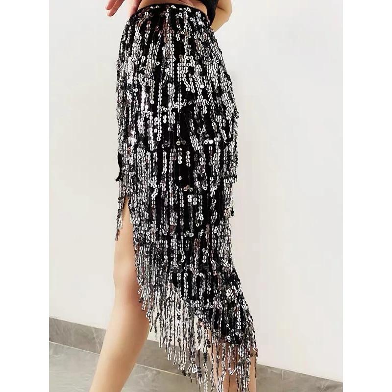 Dámske flitry Tassel sukne Rave Fringe Hip Scarf For Festival Performance Performance show kostým trblietky iskrivý obalový opasok outfit
