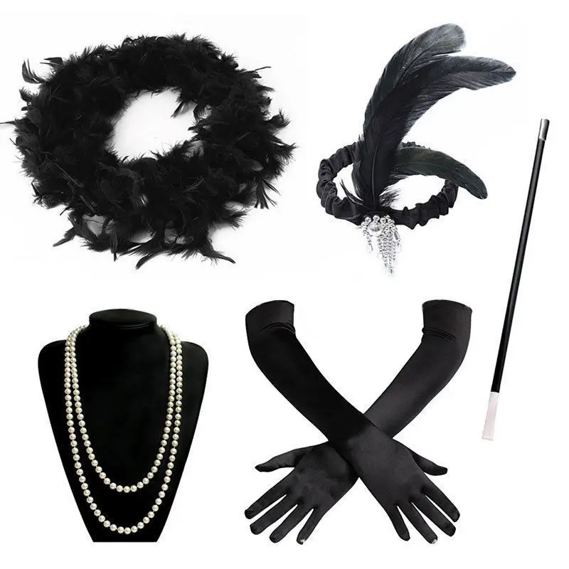 Dámske gatsby luxusné šaty doplnky Flapper 20's Charleston Girl Costy Set pre náhrdelník čelenka rukavice držiak cigarety