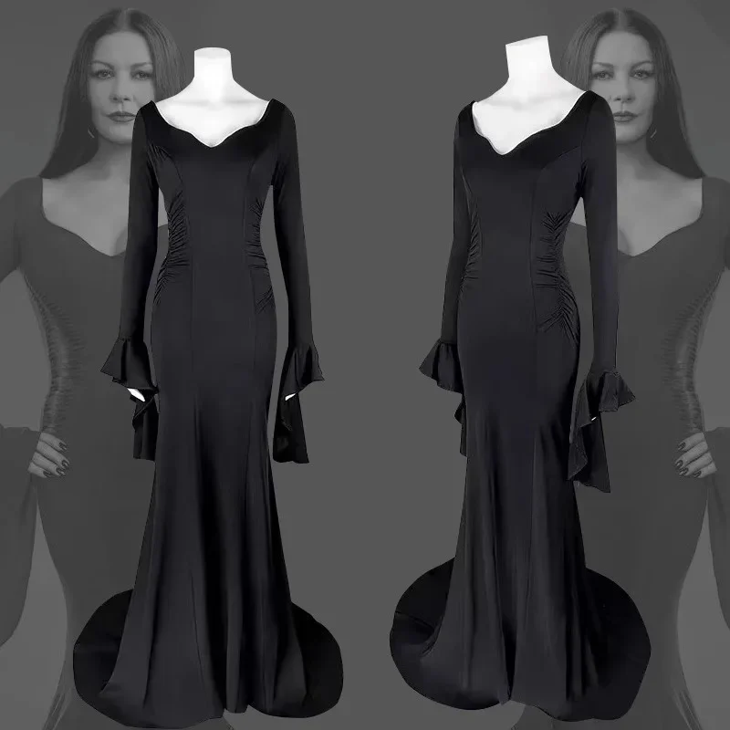 Dámske gotické duchovné dresy šaty Morticia Addams Cosplay kostým pre ženy Halloween Cosplay kostým Streda materské šaty pa