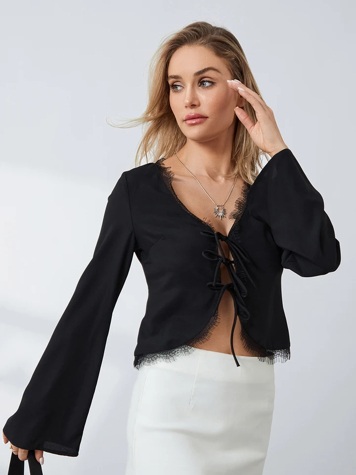 Dámske hlboké v krku s dlhým zvonovým rukávom plodiny Top -Lace Lace Ri rias kravata predná blúzka tričko letné príležitostné vychádzky z vrcholov