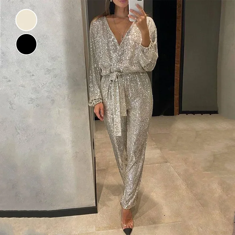 Dámske iskrivé v krku pásové pásové kombinézy Sexy s dlhým rukávom, príležitostné elegantné elegantné pevné lamp