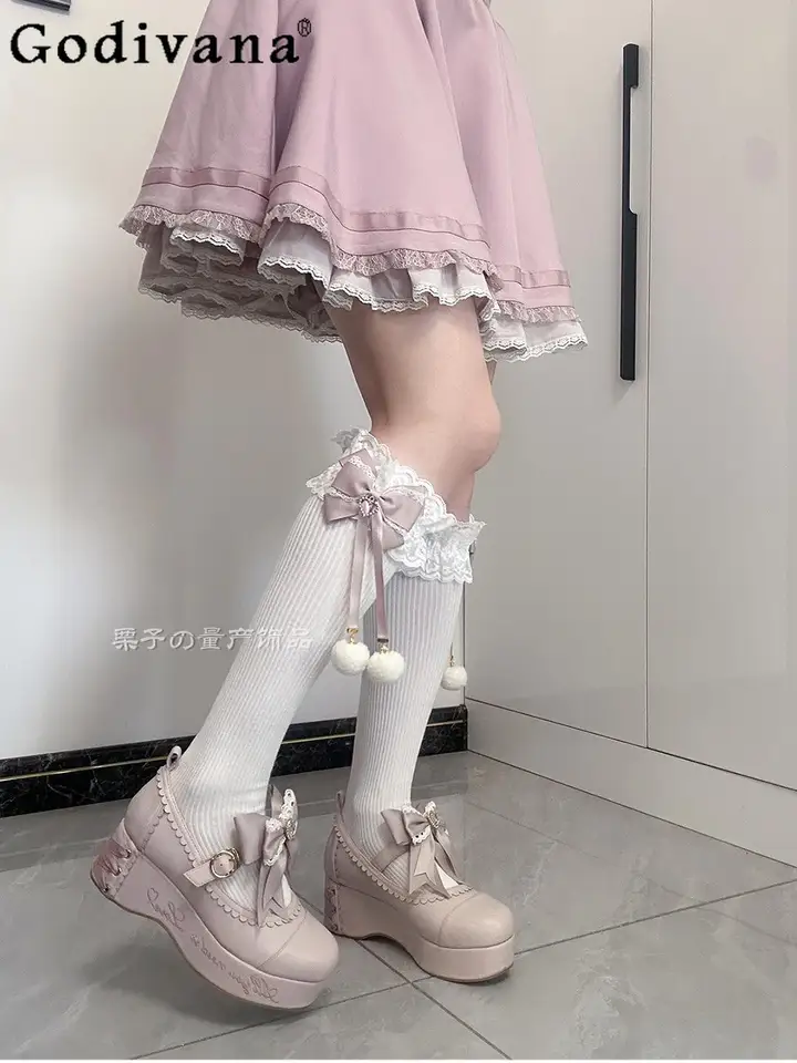 Dámske japonské míny Style Dlhá trubica ponožky Nová jeseň Zimná zima roztomilý kadernícky luk, ponožky Lolita Girls jk koleno ponožky