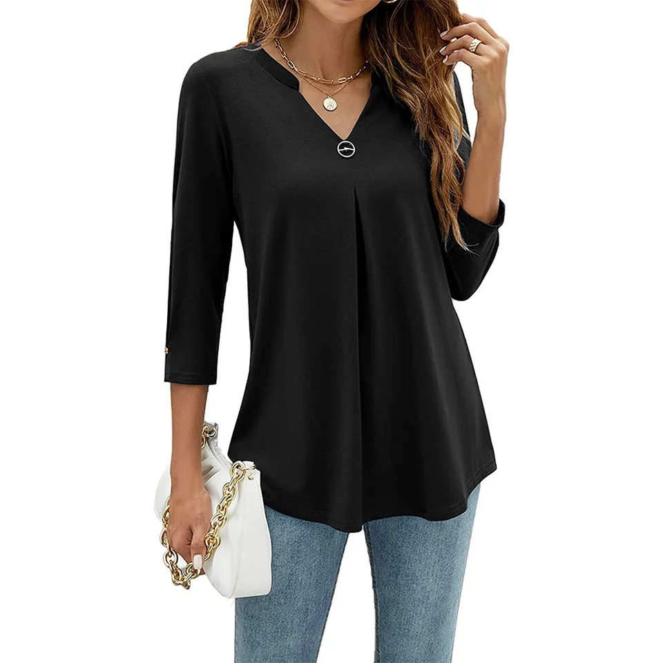 Dámske jeseň V krk 3/4 rukávy tričká Obchodné príležitostné vrcholy voľné pracovné tunickú blúzku Biela elegantná elegantná Blusas vintage 여자의류