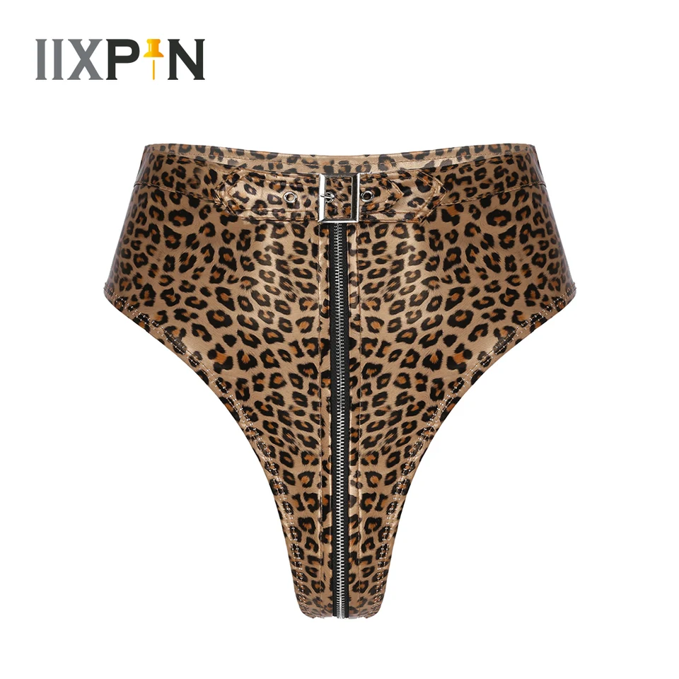 Dámske kožené leopardy sexy clubwearwear High Cut Front Zip Up Booty Torts Hot Pants for Night Club Party Rave Sexy Knickers