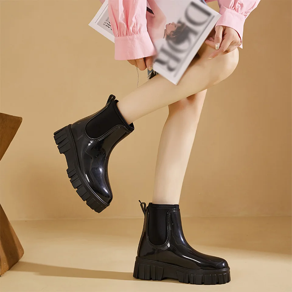 Dámske krátke dažďové topánky skĺznuté na členkové dažďové topánky Chelsea Rainboots záhradné topánky členkové dažďové topánky