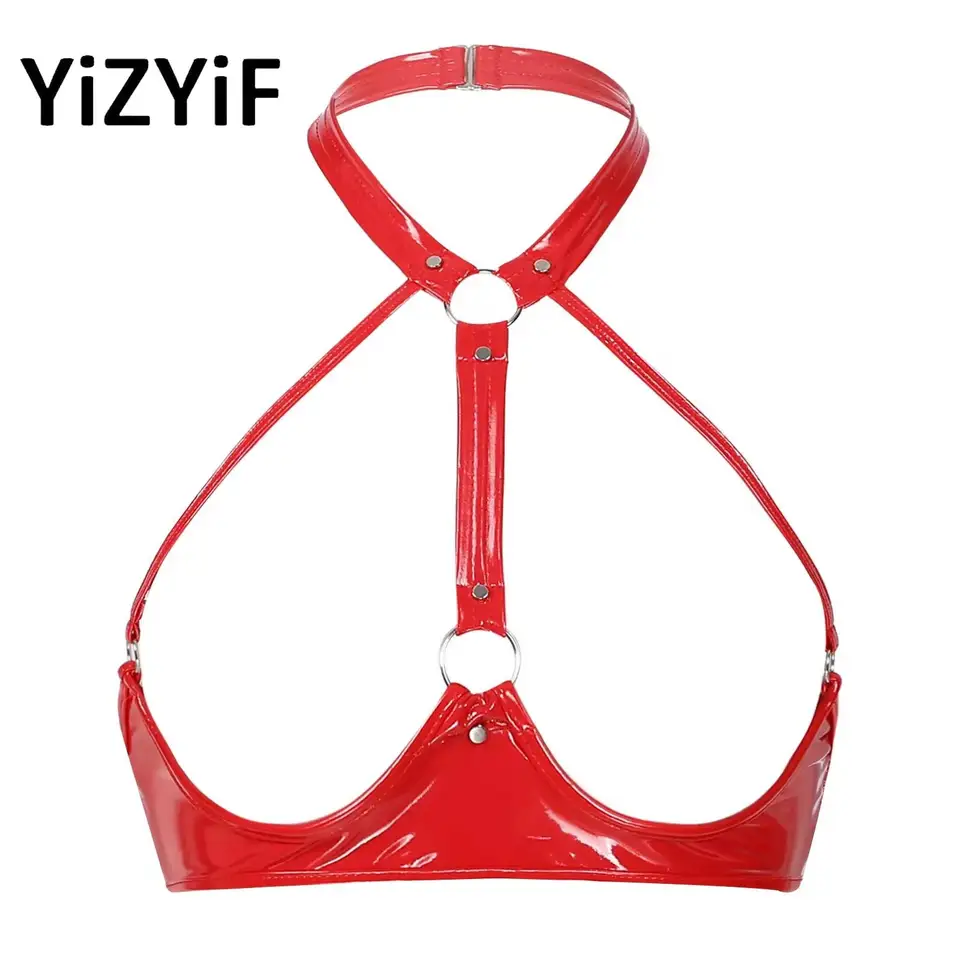Dámske latexové lesklé popruhy zavesenie krku podprsenka exponovaná spodná bielizeň Sexy mokrý vzhľad patent kožené otvorené šálky bralette clubwear