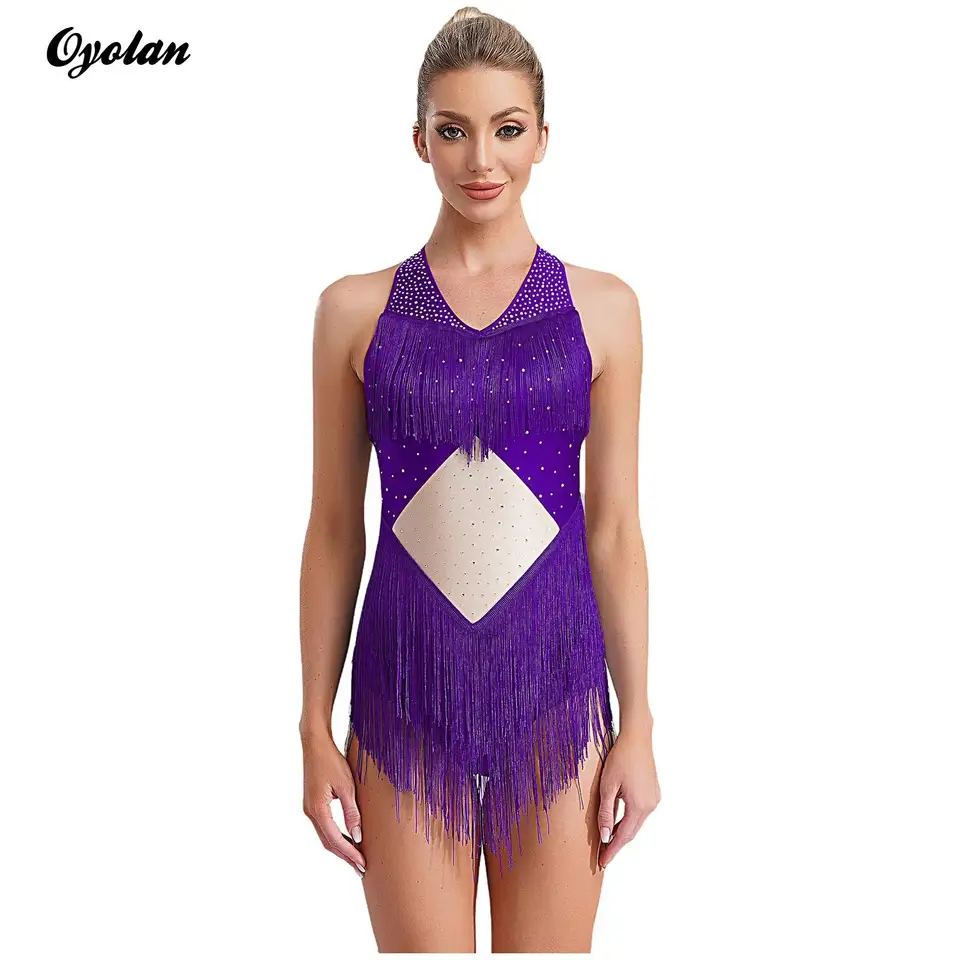 Dámske lesklé kamienky Fringe Fringe Tartard skoky Halter V-krk backless salsa latinská chata cha-cha tanečný výkon