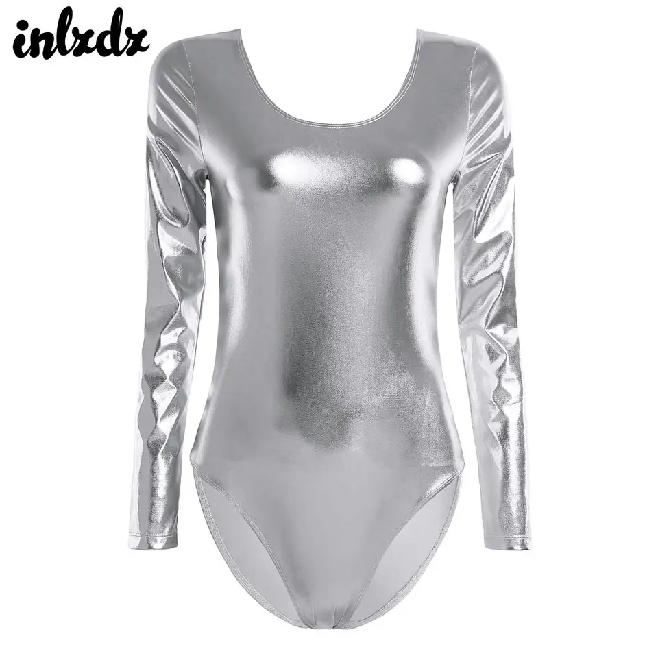 Dámske lesklé lesklé gymnastika balet Jersey Patent kožené dlhé rukávy Disco kombinéza THOG MONOKINY Bodycon Tancewear Dancewear