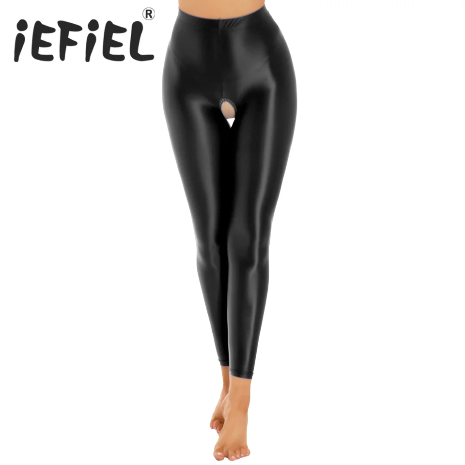 Dámske lesklé pružné otvorené rozkroky leggings pevná farba Skinny nohavice Exotické nohavičky pre nočné odevy Valentín Deň svadobnej cesty darček