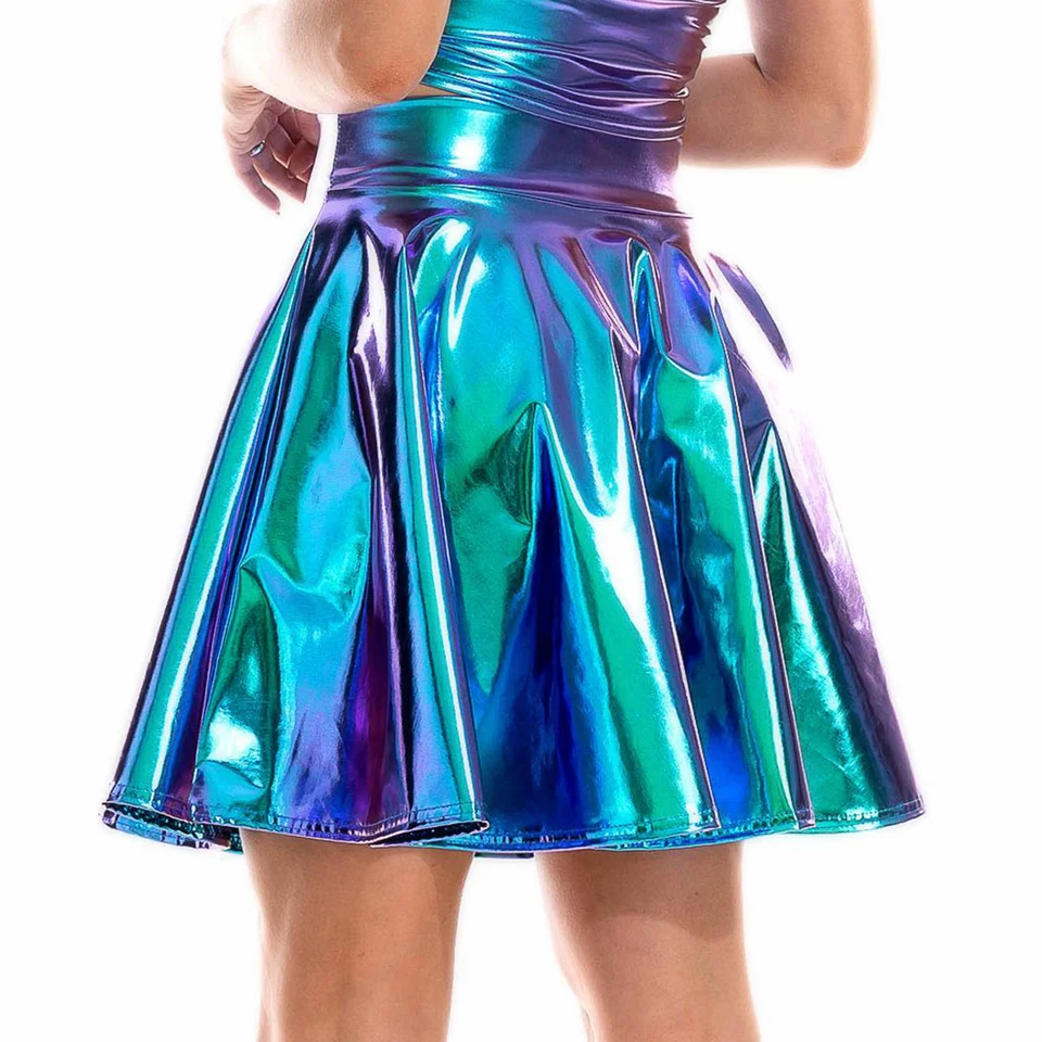 Dámske lesklé sukne s vysokým pásom sukňa klubové pódium Party Party Dancewear lesklý kovový kovový mokrý