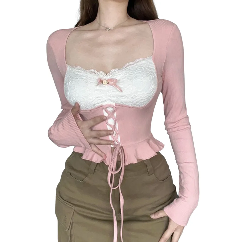 Dámske letné krátke sexy top Pink francúzsky štýl čipkovaný šmrncový pásový pás