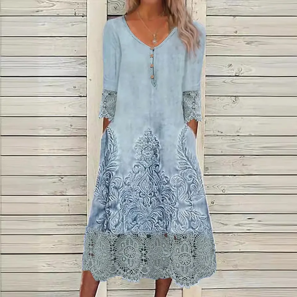 Dámske ležérne tlačové šaty 3/4 rukávy okrúhle krk vrecko na gombíky Lace Splice Cast Loose Temperament Elegantné šaty dievčatá