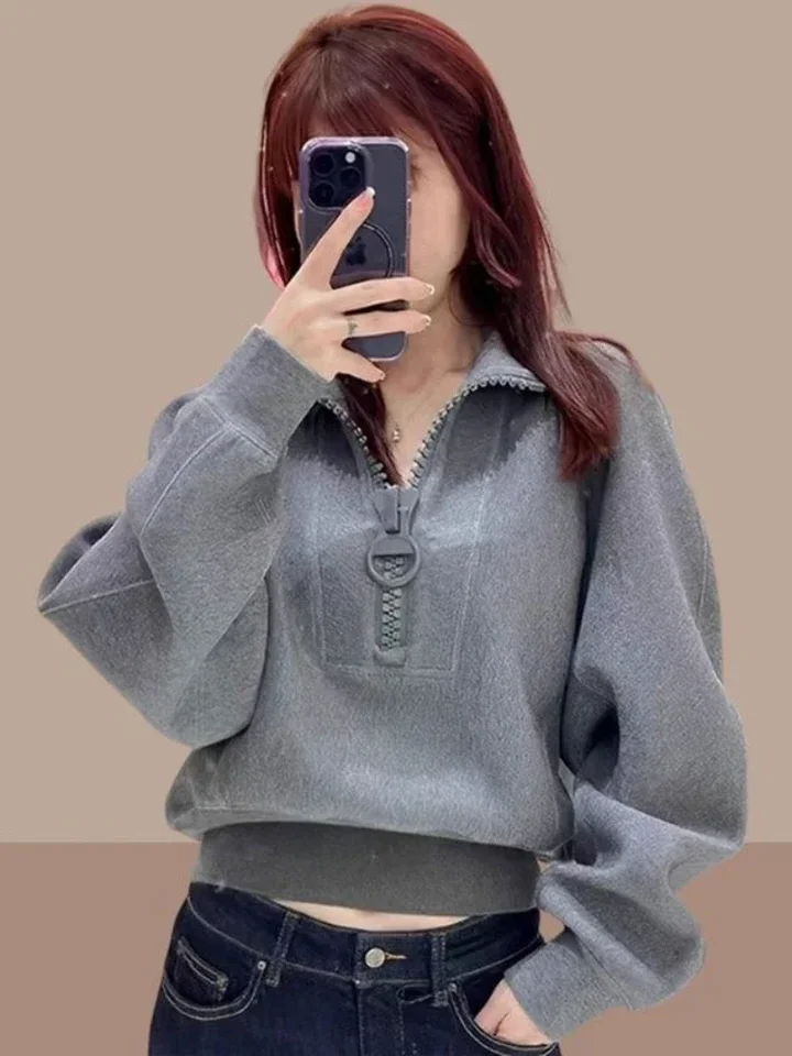 Dámske mikiny s zipsom jeseň a zimná teplá ženská top plná zipsová hustá pullovia studená orezaná šedá 90. storočia Vintage xxl
