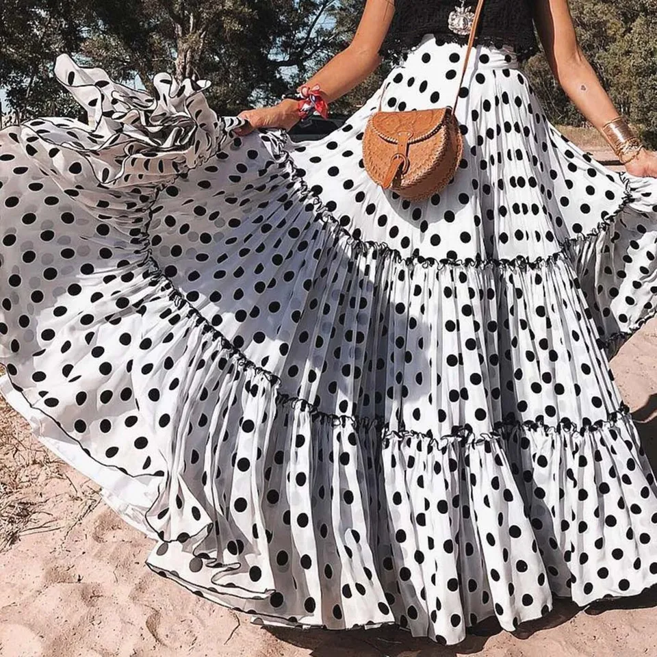 Dámske móda vysoký pás Polka dot potlačené hojdačka boho sukňa leto Nové elegantné voľné rufované piknuté sukne ženské plážové sukne