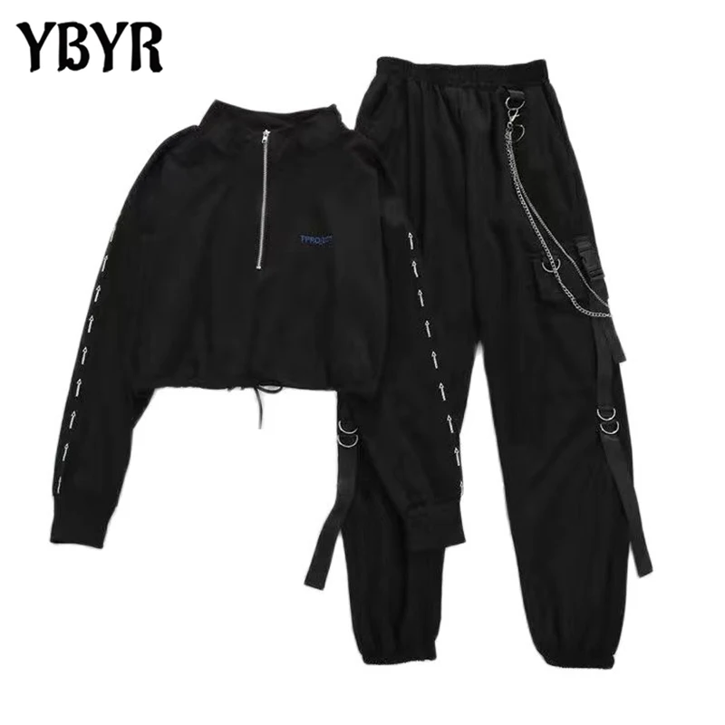 Dámske nákladné nohavice Dve kusové súpravy Harajuku T Trénery Tops Buckle Ribbon Pocket Rogger Elastic pás Pleskové reťazce Streetwear Streetwear Streetwear