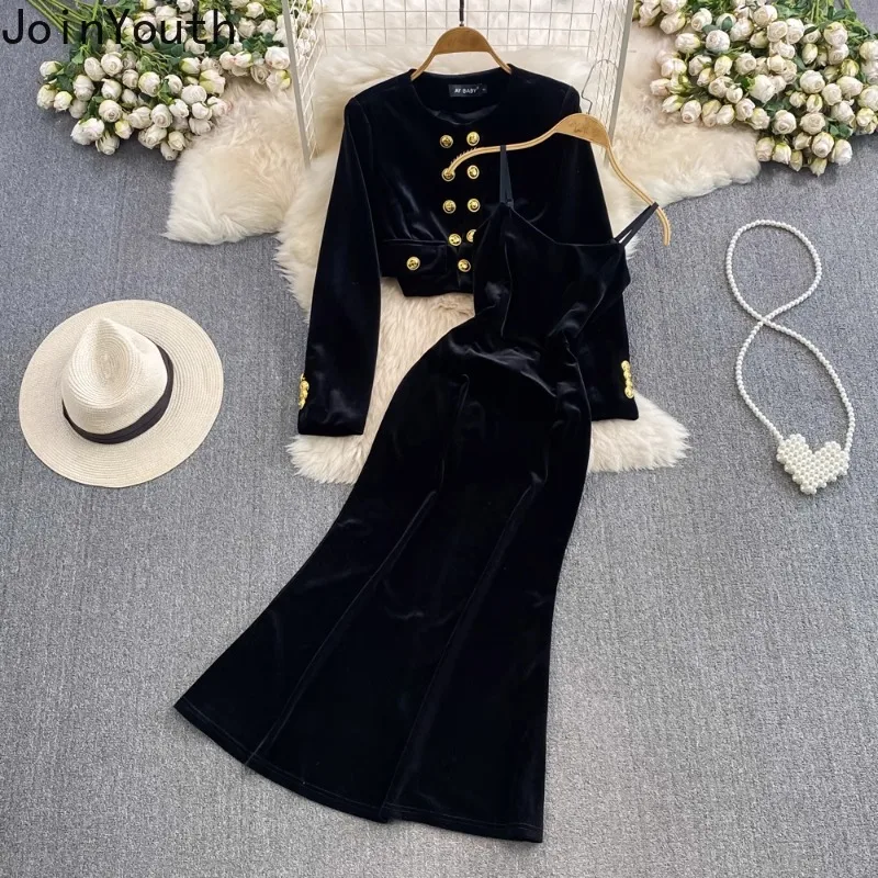 Dámske oblečenie Temperament Outfits 2-Piece Sety Dvojročné O plodiny O plodiny Slim pás Slim Bodycon Sling maxi šaty zamatový oblek maxi