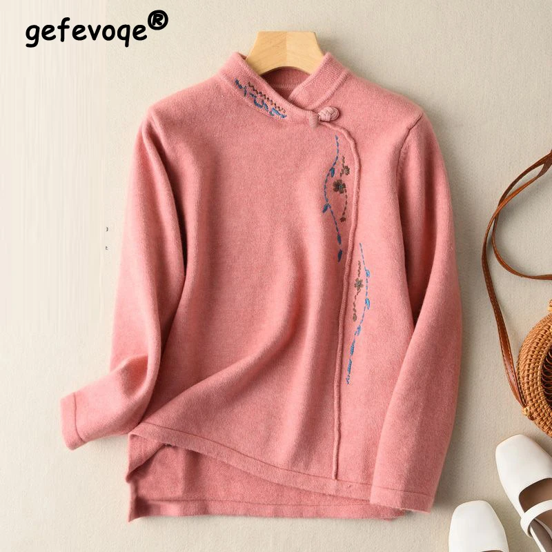 Dámske oblečenie Vintage čínsky štýl výšivky Zhustené tričká Jeseň Zimná zimná módna móda dlhý rukáv Loose Pullover Topy