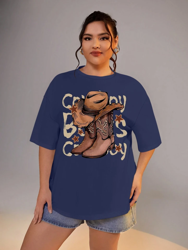 Dámske odevy plus Cool Cowboy Boots Grafická tlač s krátkym rukávom Tričko Bity Summer