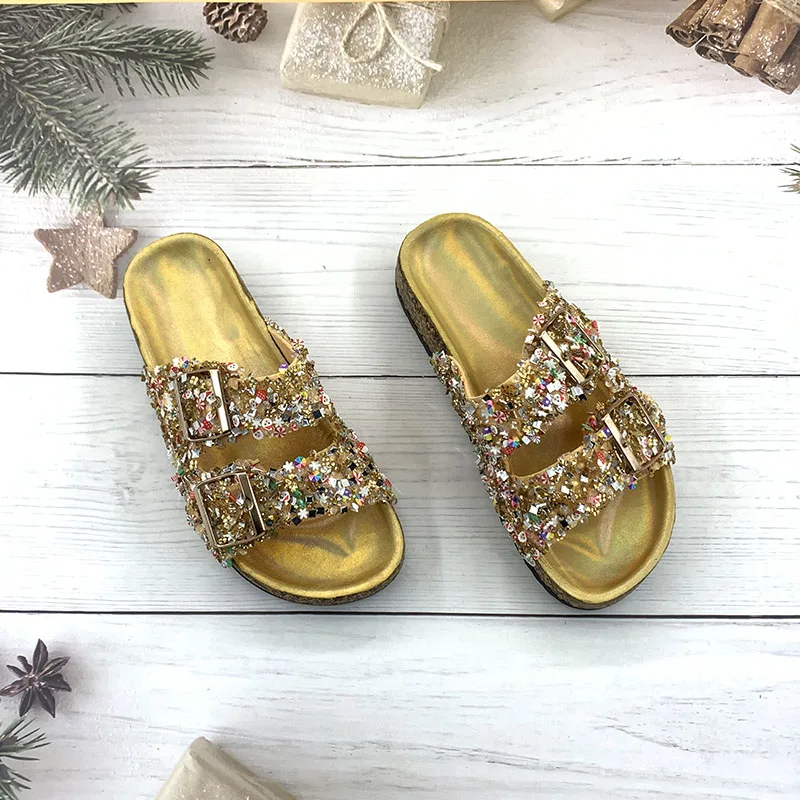 Dámske papuče Príležitostné letné blingové bling diamant kovová kovová spona ulica retro flip flop sandále
